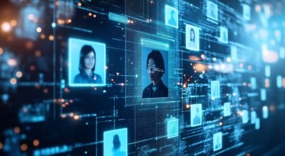 AI-powered recruitment system scanning potential job candidates, automation in HR and corporate hiring.